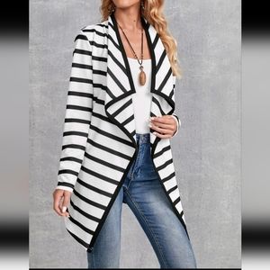 Striped waterfall collar open front cardigan